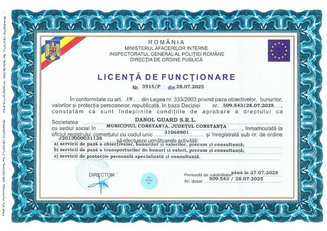 Licență de funcționare — Danol Guard S.R.L.