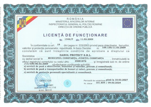 Licență de funcționare — Danol Protect S.R.L.