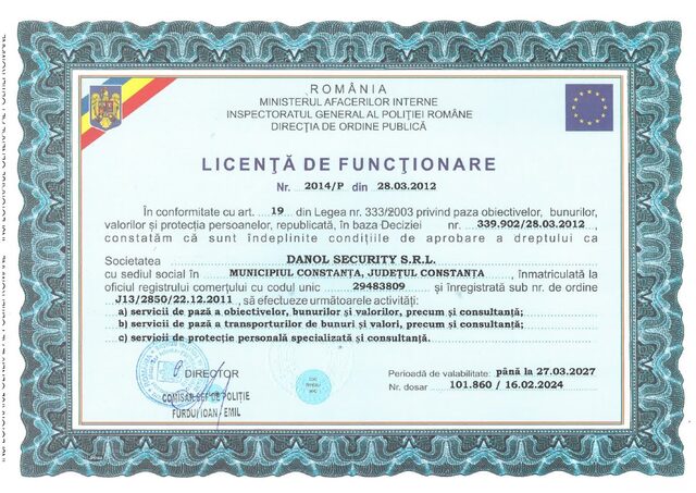 Licență de funcționare — Danol Security S.R.L.